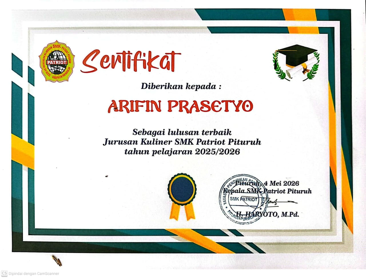 Sertifikat Lulusan Terbaik Jurusan Kuliner